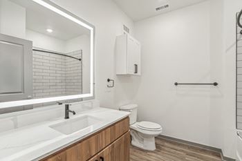 A bathroom with a sink and a toilet and a mirror